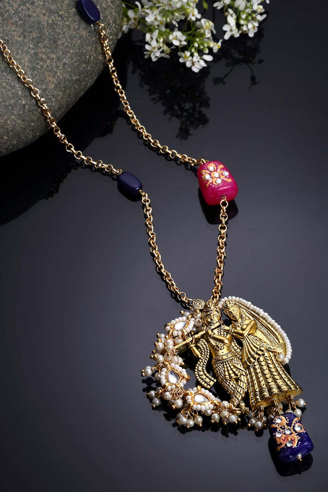 Multicolor And White Gold-Plated Kundan And Pearls Necklace