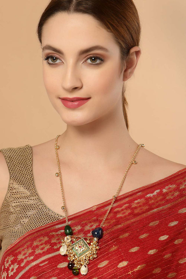 Blue And Green Gold-Plated Kundan And Pearls Necklace