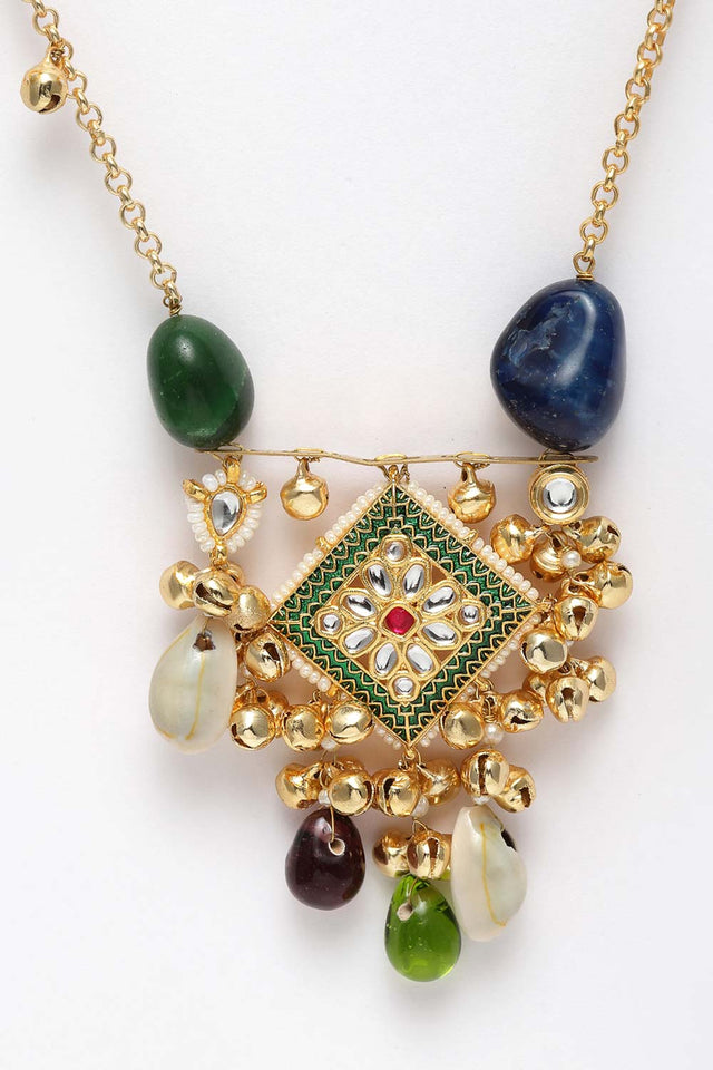 Blue And Green Gold-Plated Kundan And Pearls Necklace