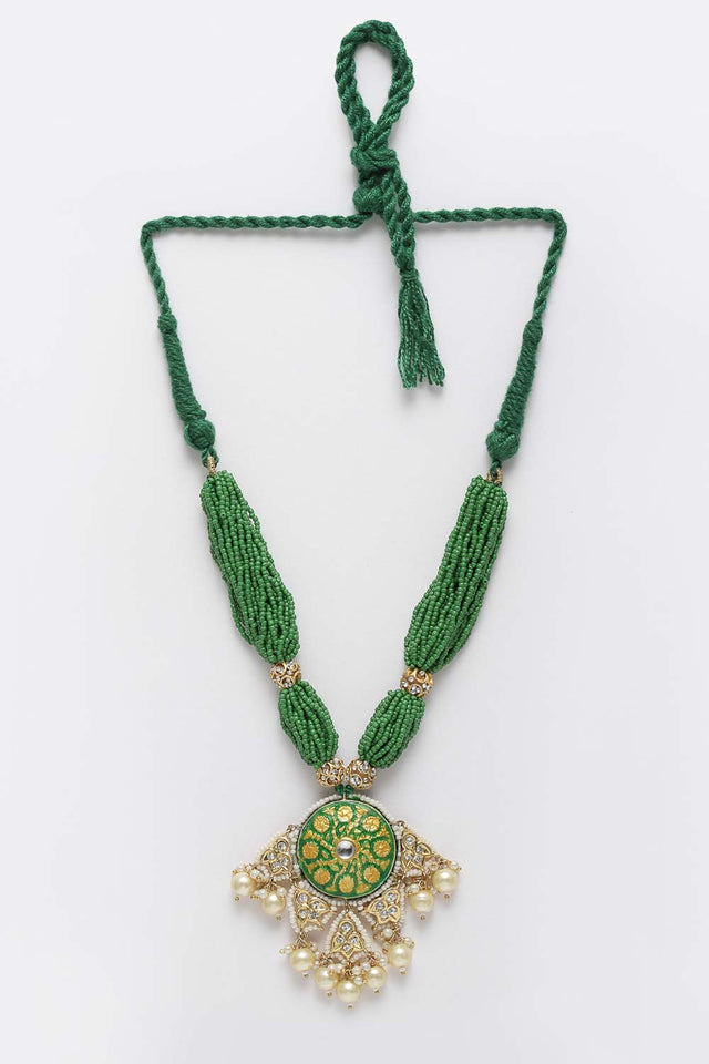 Green And White Gold-Plated Kundan Diamond And Pearls Necklace