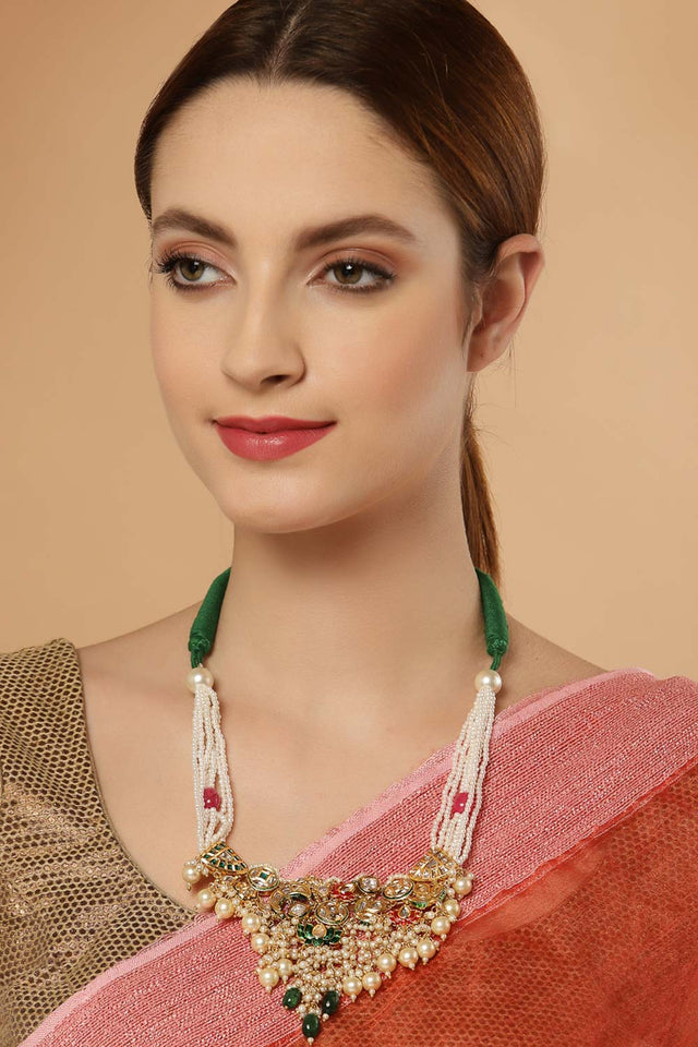 Green And Pink Gold-Plated Kundan And Pearls Necklace