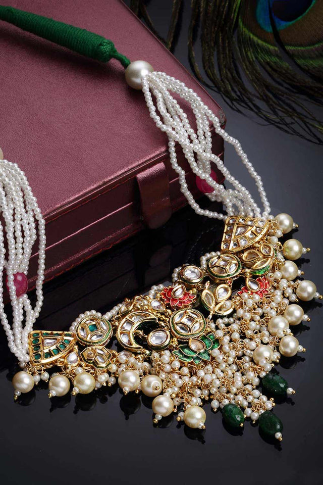Green And Pink Gold-Plated Kundan And Pearls Necklace