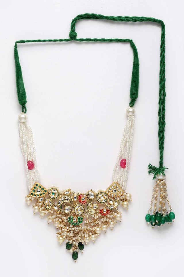 Green And Pink Gold-Plated Kundan And Pearls Necklace