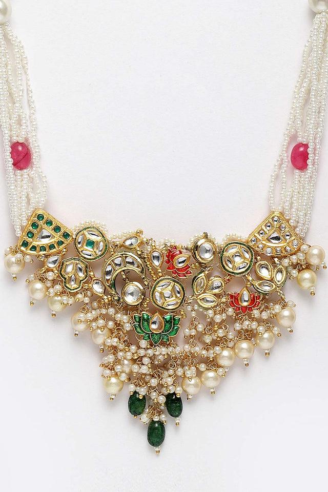 Green And Pink Gold-Plated Kundan And Pearls Necklace