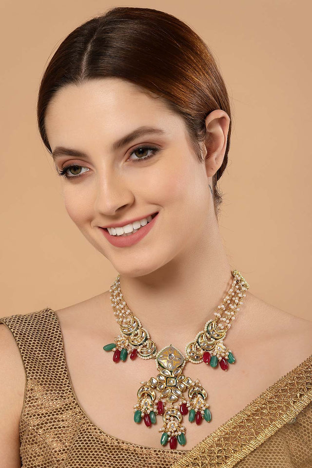 Multicolor Gold-Plated Kundan And Pearls Necklace