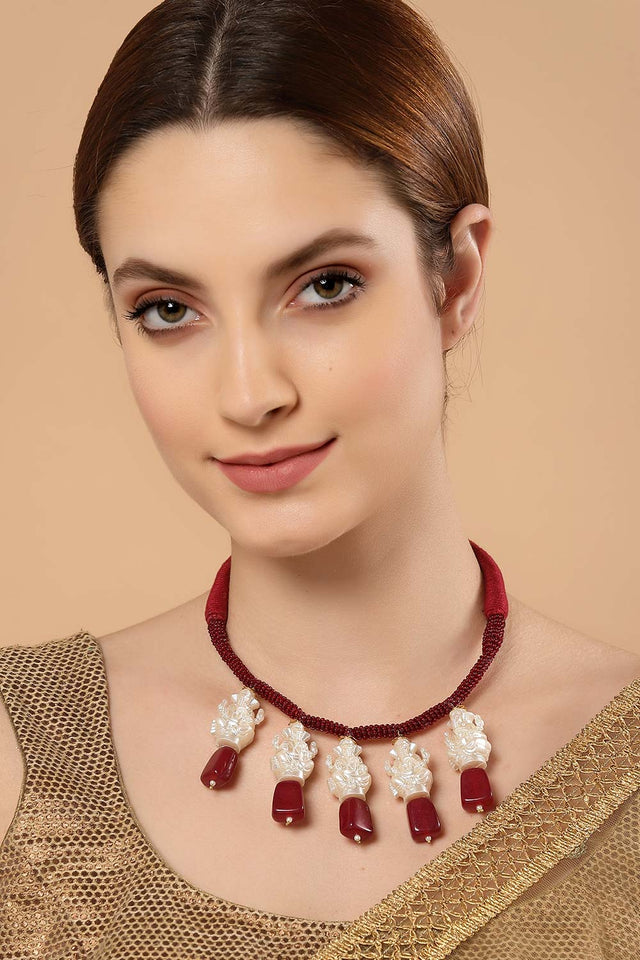 Red White Gold Gold-Plated Pearls And Ruby Necklace (DGNH22042)