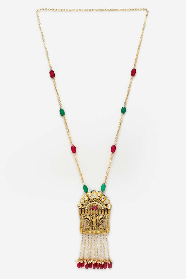 Red And Green Gold-Plated Kundan And Pearls Necklace