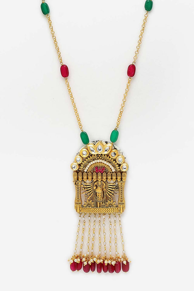 Red And Green Gold-Plated Kundan And Pearls Necklace