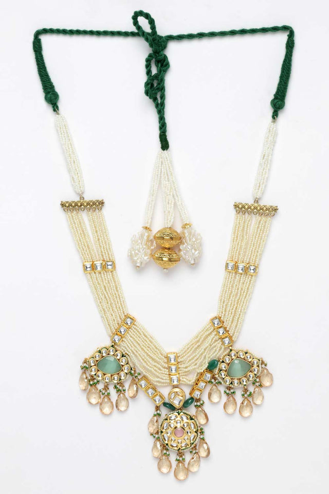 Green And Pink Gold-Plated Kundan And Pearls Bead Necklaces