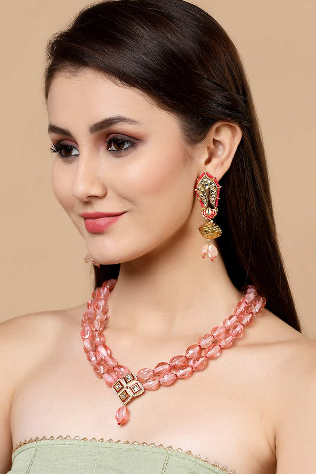 Pink And Red Gold-Plated Kundan And Pearls Bead Necklaces