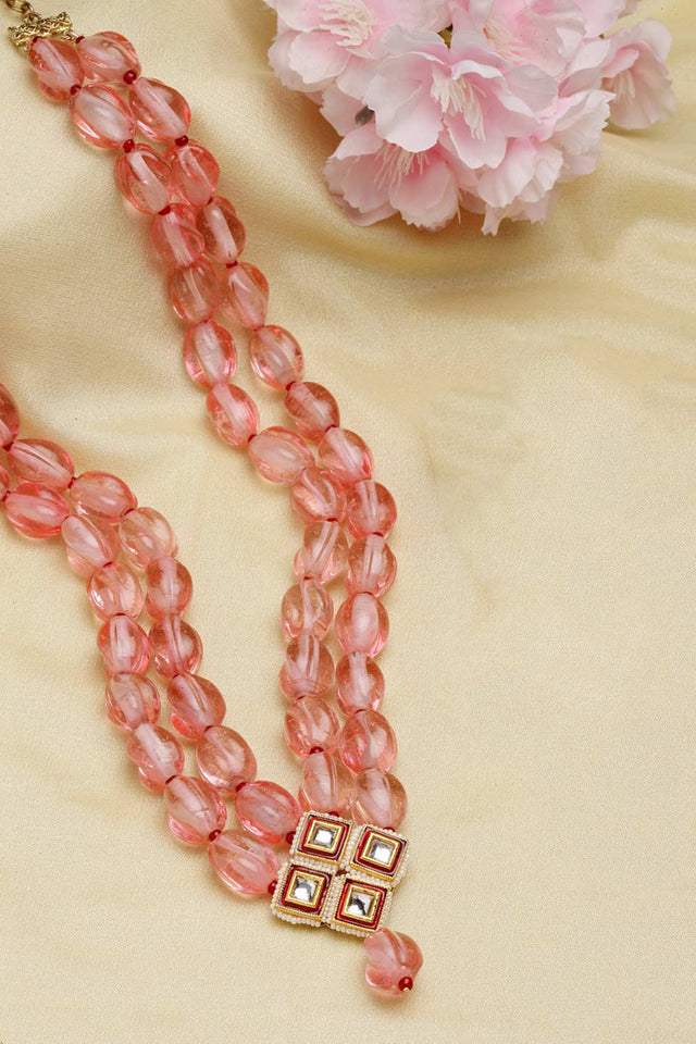 Pink And Red Gold-Plated Kundan And Pearls Bead Necklaces