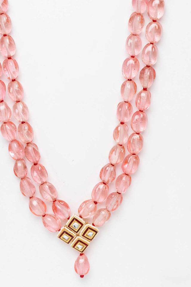 Pink And Red Gold-Plated Kundan And Pearls Bead Necklaces