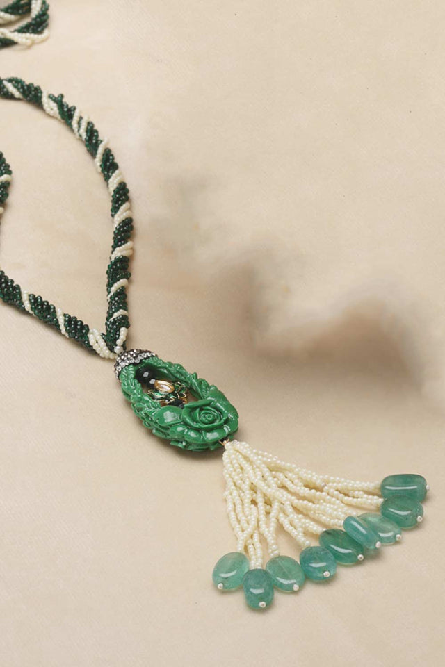 Green And Gold Gold-Plated Kundan And American Diamonds Bead Necklaces