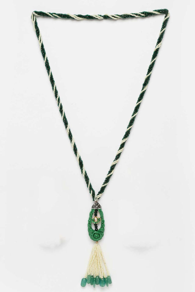 Green And Gold Gold-Plated Kundan And American Diamonds Bead Necklaces