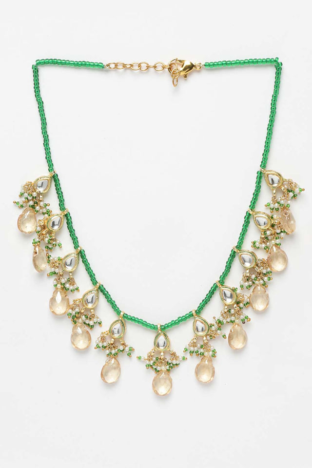 Yellow And Green Gold-Plated Kundan And Pearls Bead Necklaces