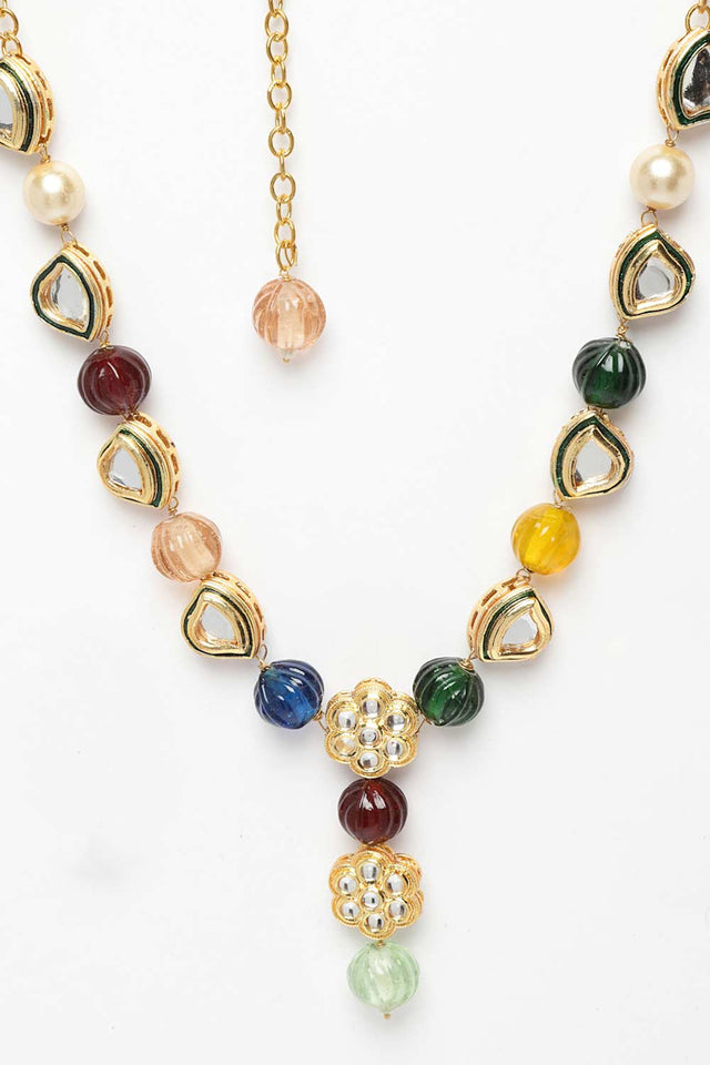 Red And Blue Gold-Plated Kundan And Pearls Bead Necklaces