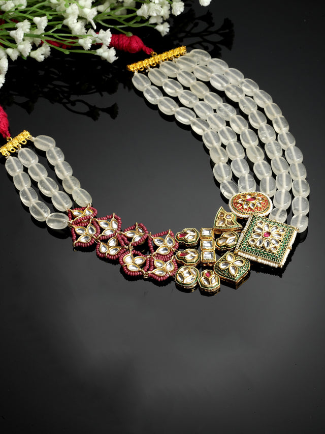 Pink And Yellow Gold-Plated Kundan And Pearls Haar Necklace