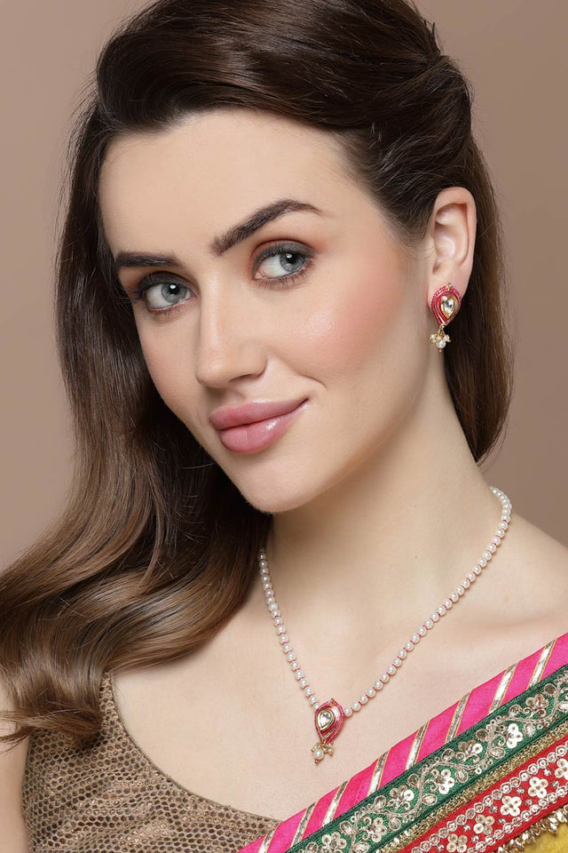 Pink And Gold Haar Necklace With Kundan And Pearls