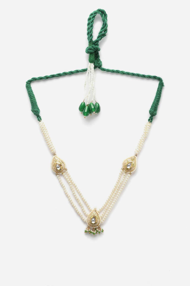 Cream And Green Haar Necklace With Kundan And Pearls