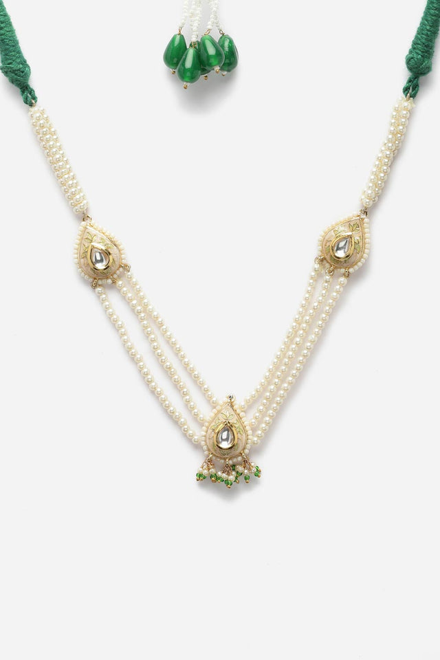 Cream And Green Haar Necklace With Kundan And Pearls