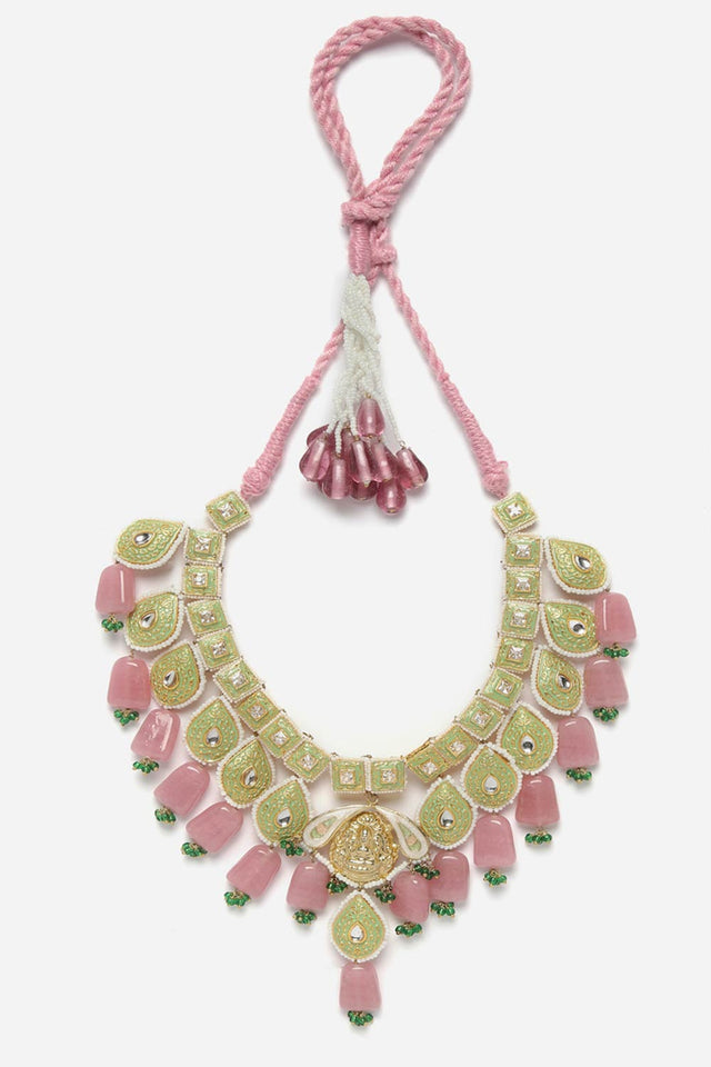 Green And Pink Haar Necklace With Kundan And Pearls