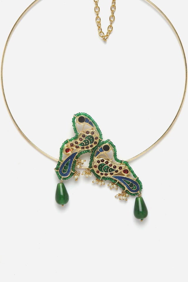 Blue And Green Haar Necklace With Kundan And Pearls