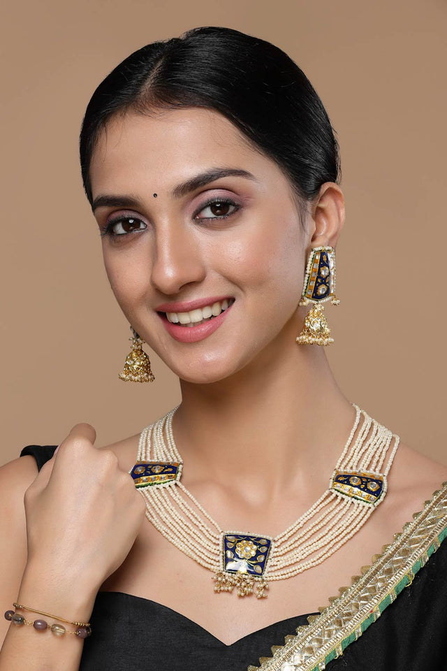 Blue And Gold Haar Necklace With Kundan And Pearls