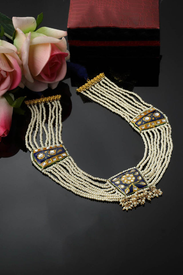 Blue And Gold Haar Necklace With Kundan And Pearls