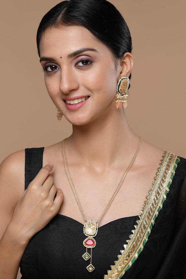 Red And Peach Haar Necklace With Kundan And Pearls