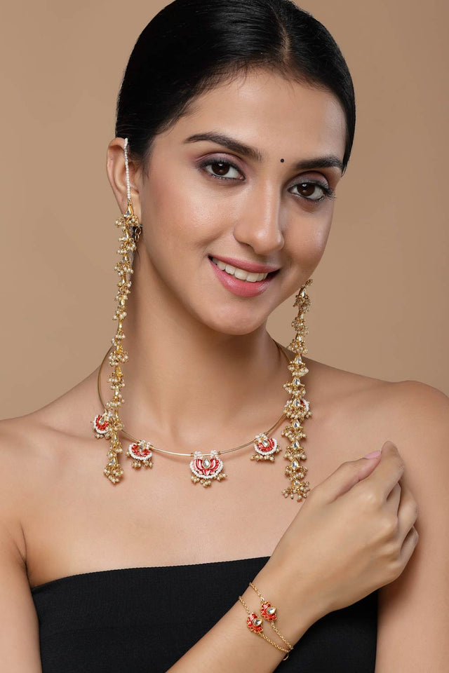 Red And Gold Haar Necklace With Kundan And Pearls