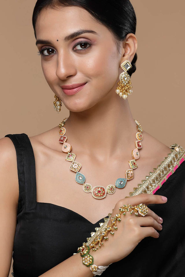 Red And Pink Haar Necklace With Kundan And Pearls