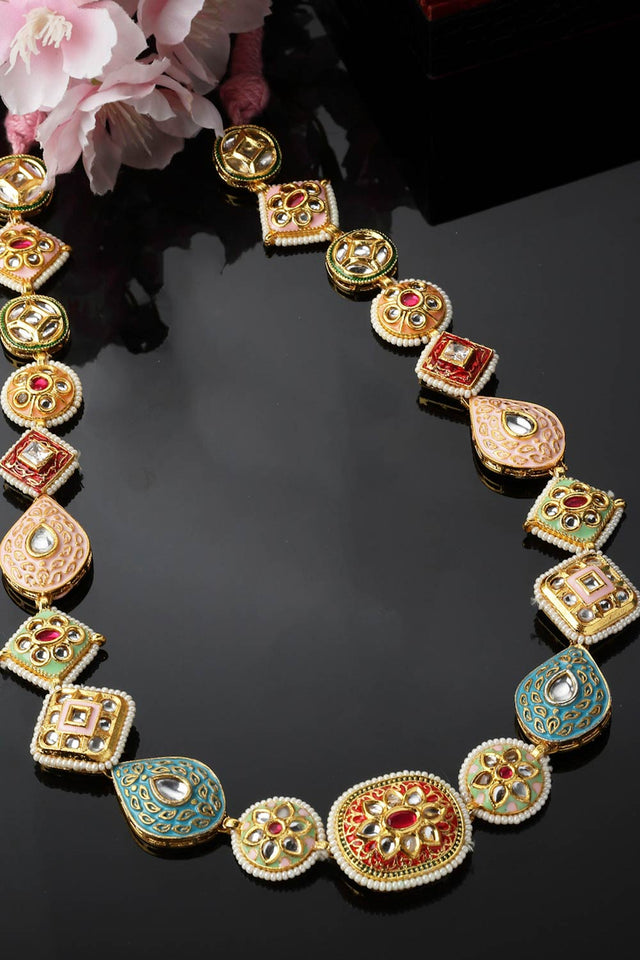 Red And Pink Haar Necklace With Kundan And Pearls