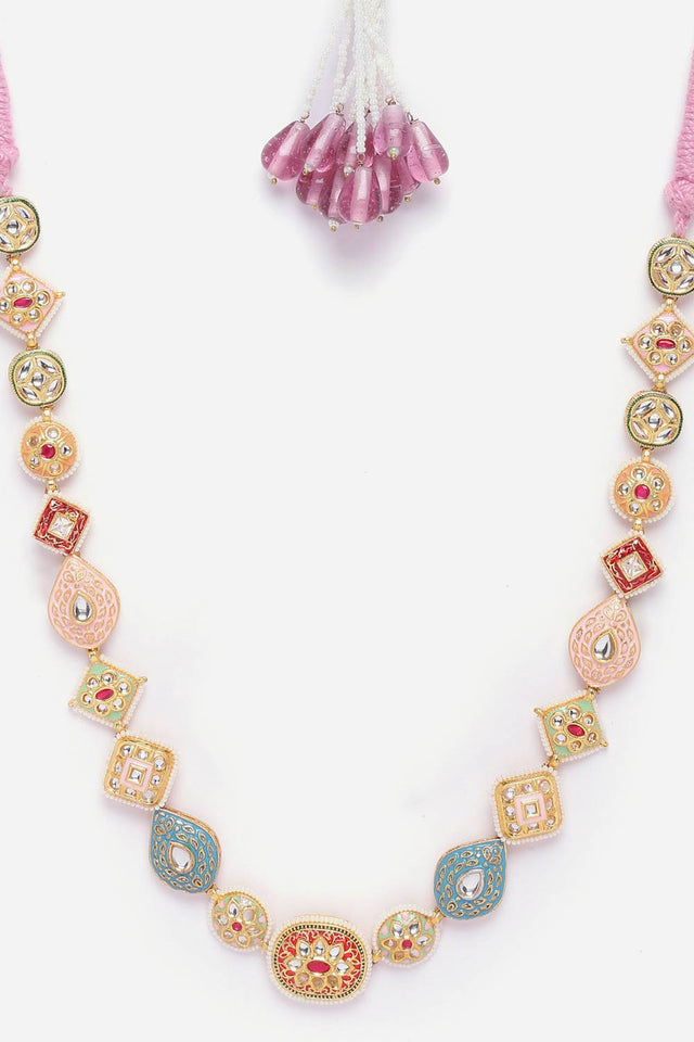 Red And Pink Haar Necklace With Kundan And Pearls