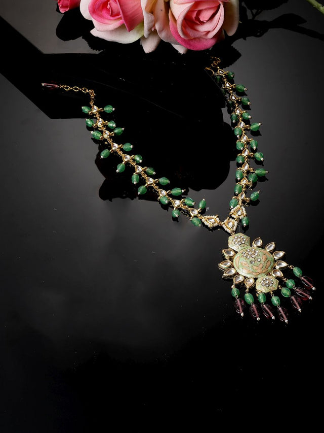 Green And Maroon Haar Necklace With Kundan And Pearls