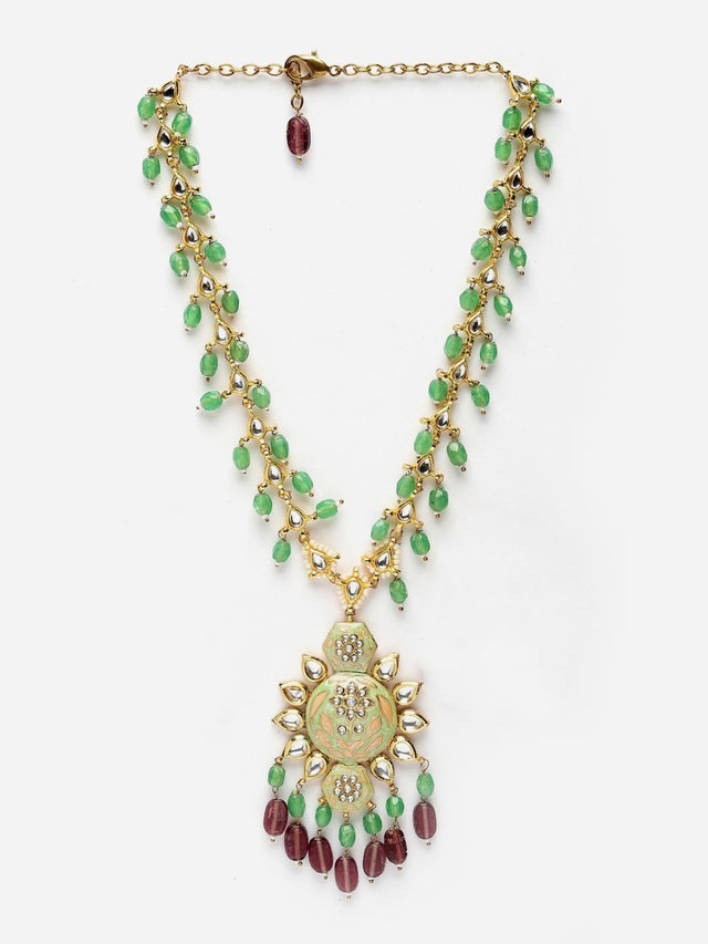 Green And Maroon Haar Necklace With Kundan And Pearls