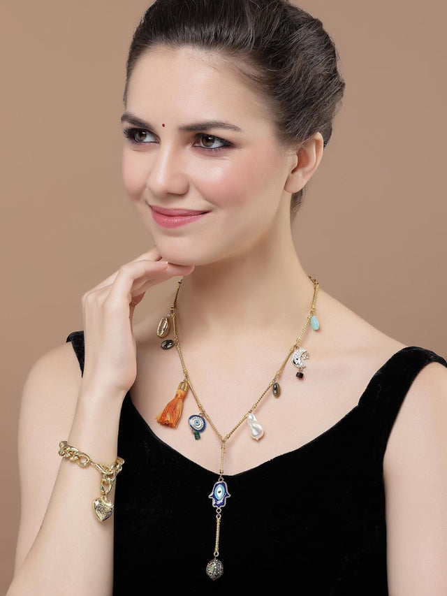 Orange And Blue Haar Necklace With American Diamonds And Pearls