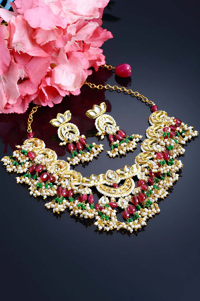Red And Green Gold-Plated Kundan Pearls And Ruby Jewelry Set