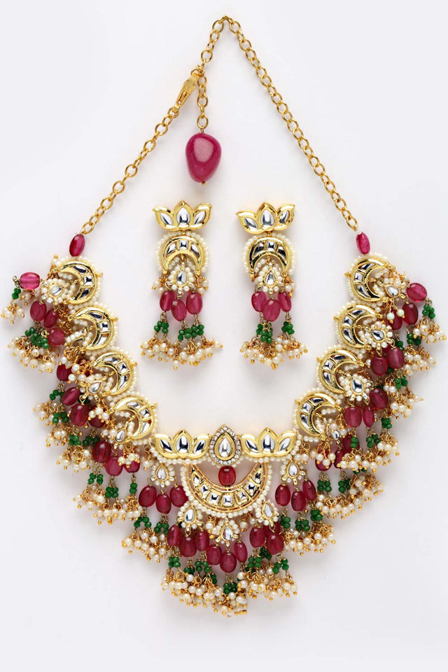Red And Green Gold-Plated Kundan Pearls And Ruby Jewelry Set