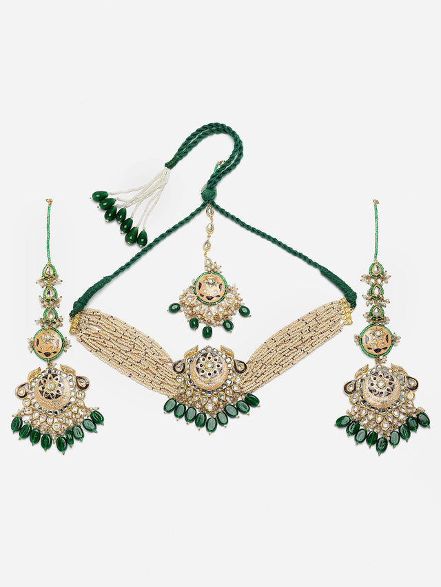 Peach And Green Gold-Plated Kundan And Pearls Necklace Earring Set With Maang Tikka