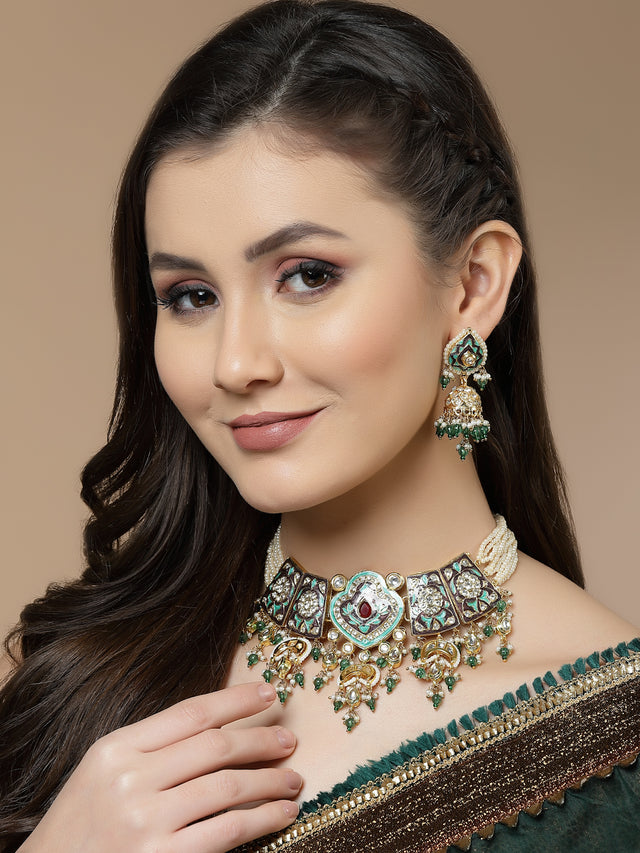 Buy Blue and Grey Gold-plated Kundan and American Diamonds Necklace Earring Set Online