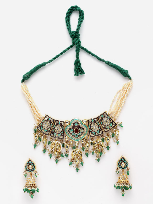 Blue And Grey Gold-Plated Kundan And American Diamonds Necklace Earring Set