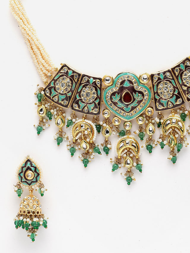 Blue And Grey Gold-Plated Kundan And American Diamonds Necklace Earring Set