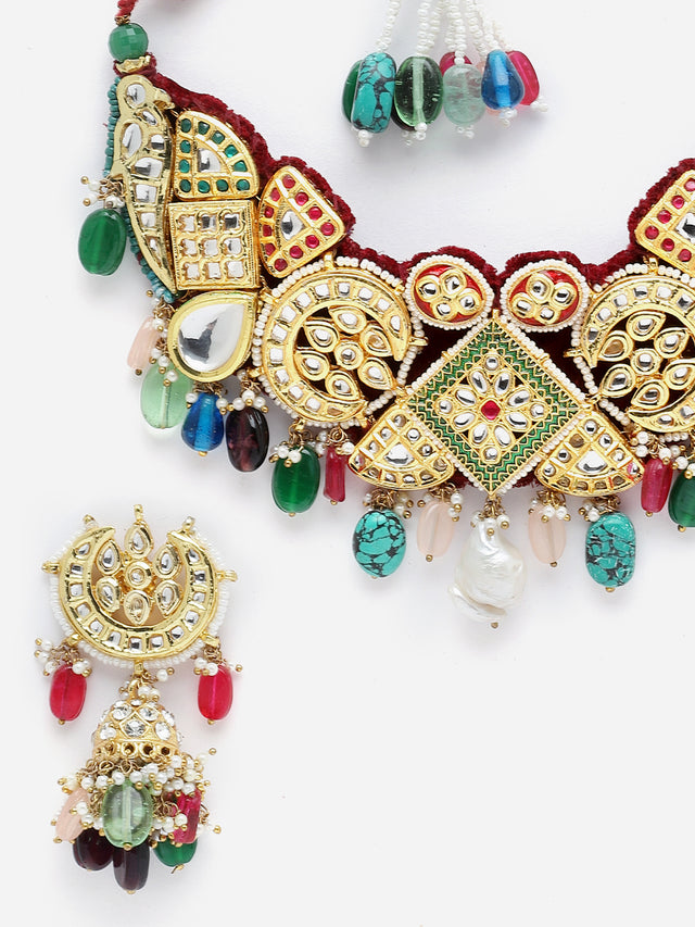 Red And Green Gold-Plated Kundan And American Diamonds Necklace Earring Set (DGNHE23006)
