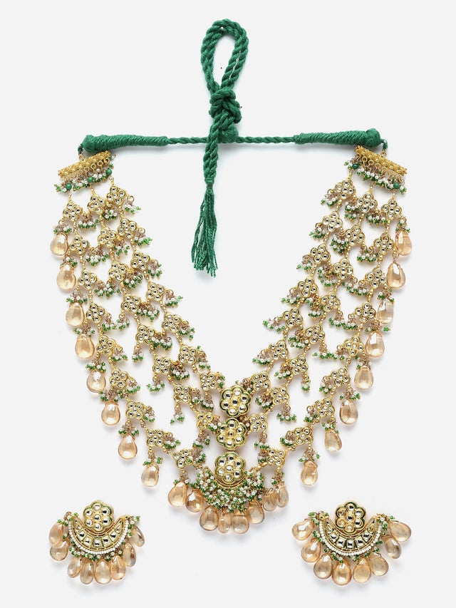 Green And Yellow Gold-Plated Kundan And Pearls Necklace Earring Set