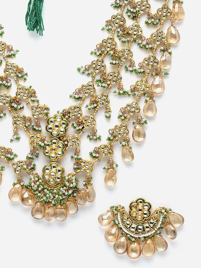 Green And Yellow Gold-Plated Kundan And Pearls Necklace Earring Set