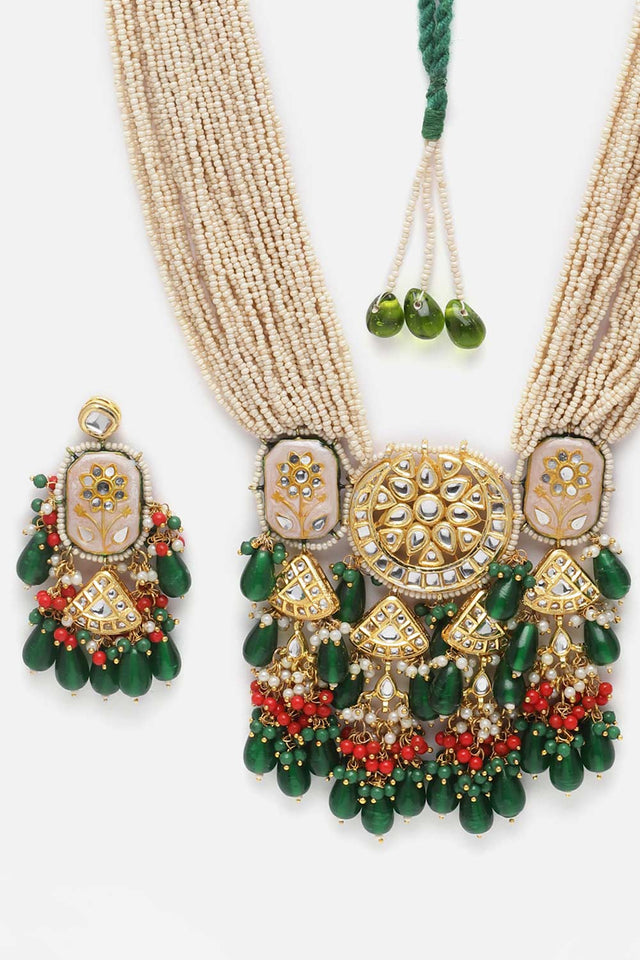 Green And White Kundan And Pearls Necklace And Earring Set (DGNHE23010)