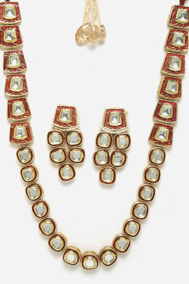 Red And Gold Necklace With Earring Jewelry Set Kundan And Pearls