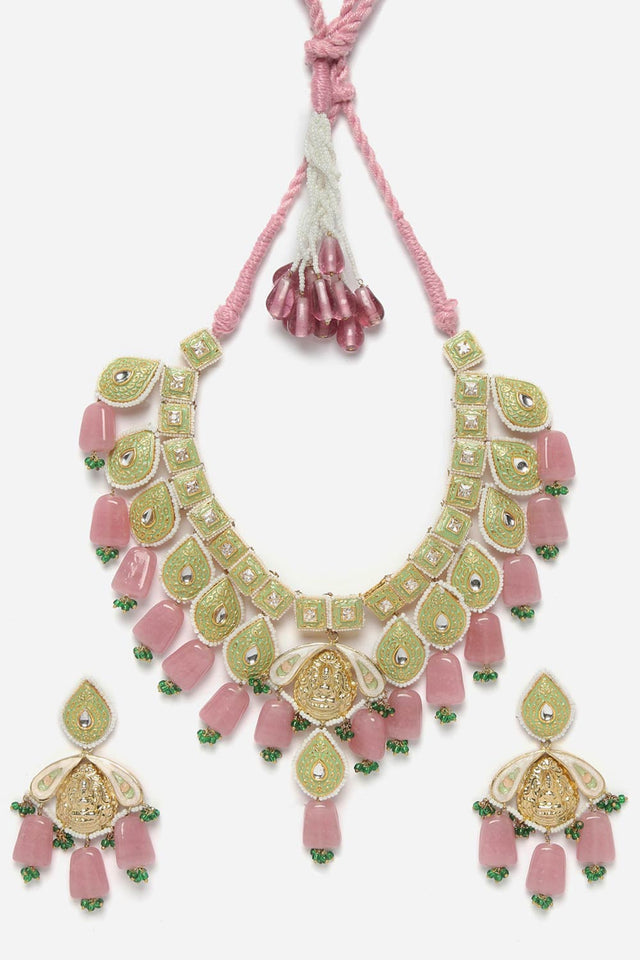 Green And Pink Necklace With Earring Jewelry Set Kundan And Pearls