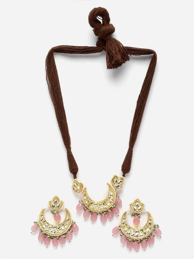 Pink And Gold Necklace With Earring Jeweler Set With Kundan And Pearls