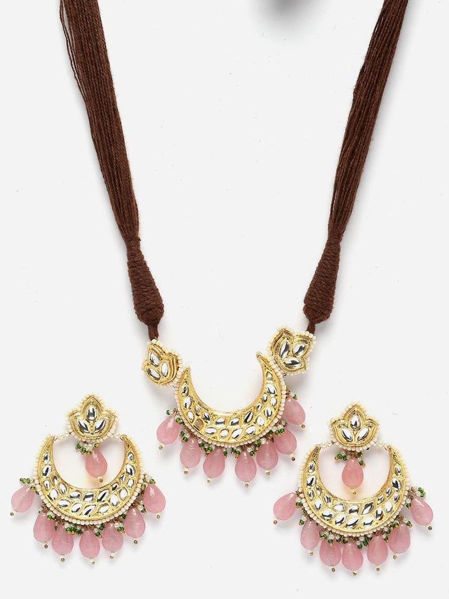 Pink And Gold Necklace With Earring Jeweler Set With Kundan And Pearls